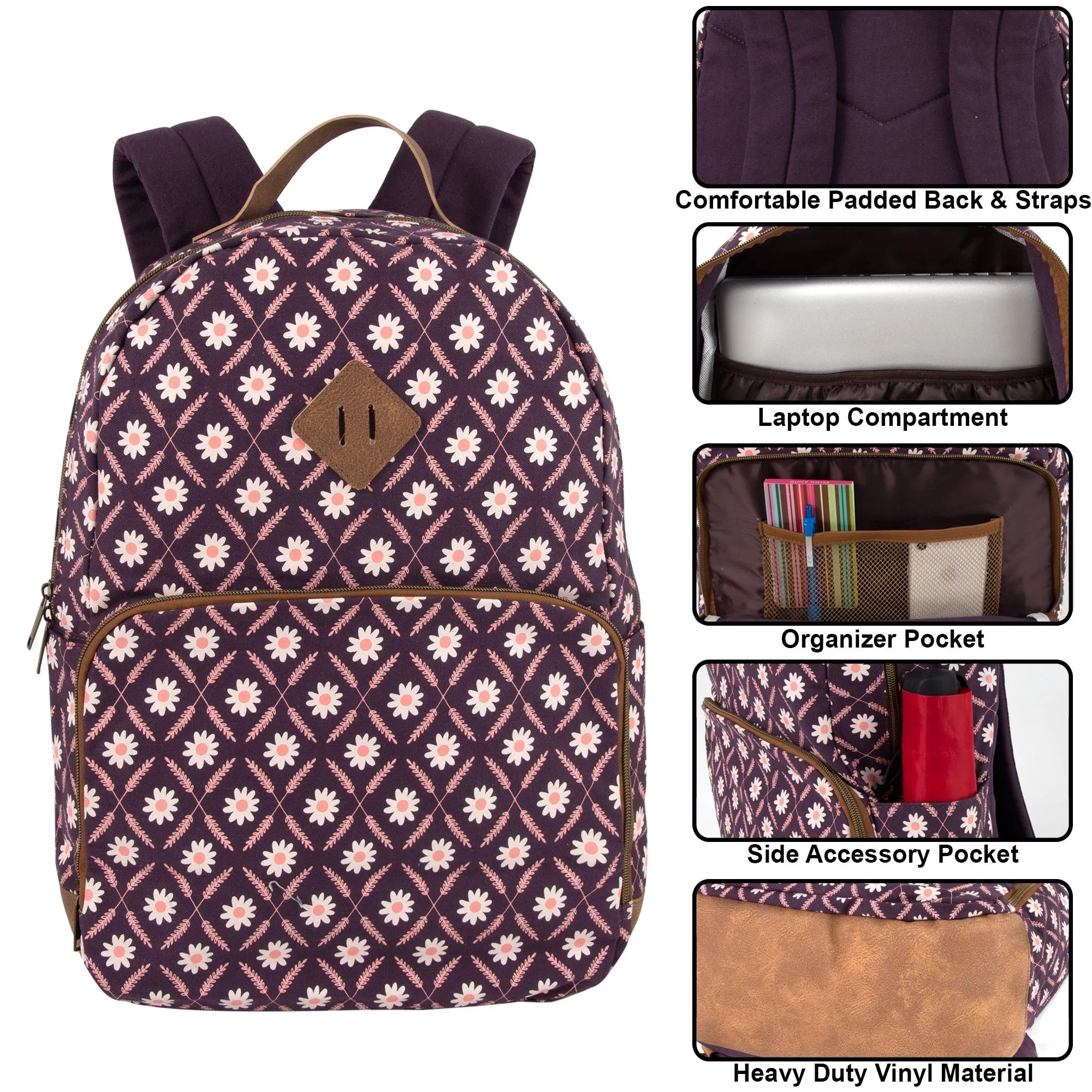 17-Inch Cotton Printed Diamond Backpack w Laptop Section - 2 Colors