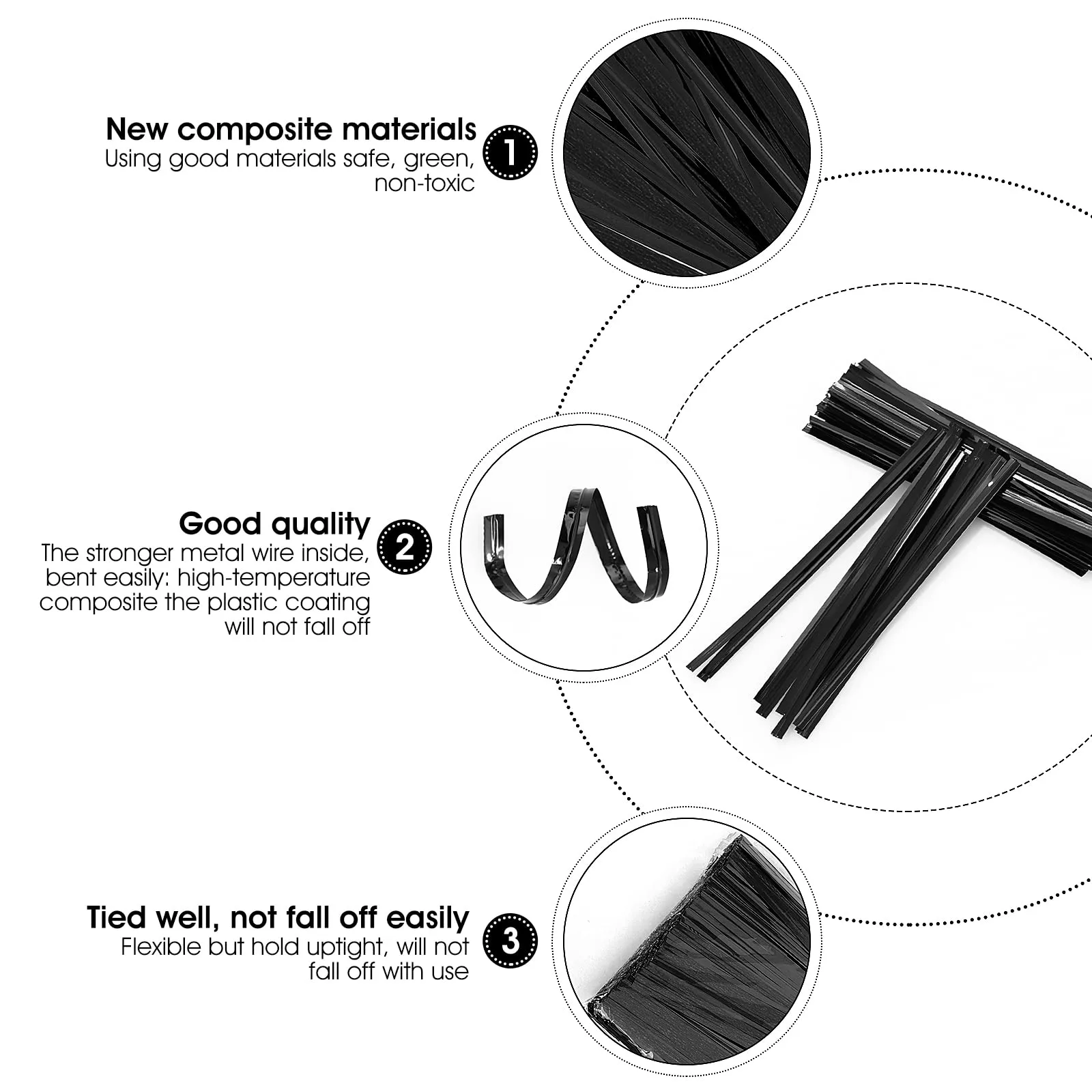 Abeillo 1500 Metallic Twist Ties for Bags, 4 Inches Plastic Twist Ties Reusable Bread Ties Cord Twist Ties for Candy Bags, Coffee Bags, Cake Pops, Party Favor Treat Supplies (Black) Black