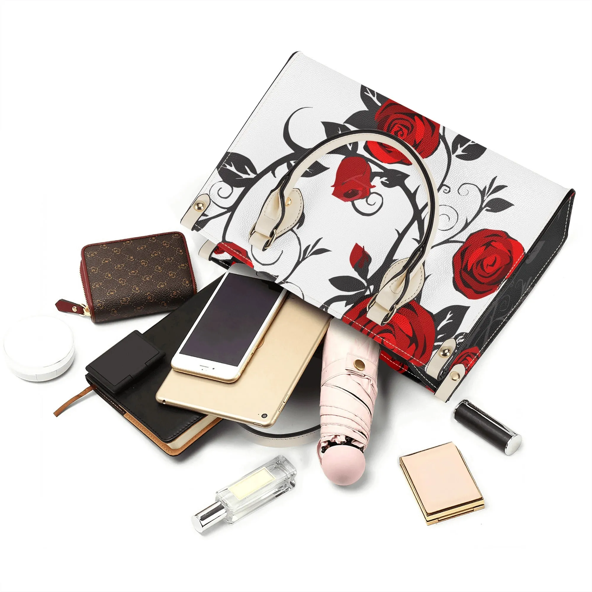 AM Luxury Roses PU Leather Tote Bag