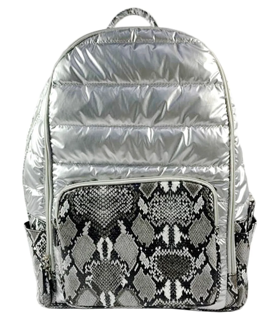 Bari Lynn Silver Snake Print Puffer Backpack