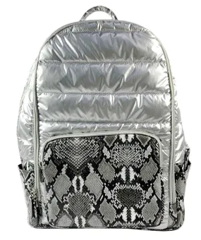 Bari Lynn Silver Snake Print Puffer Backpack