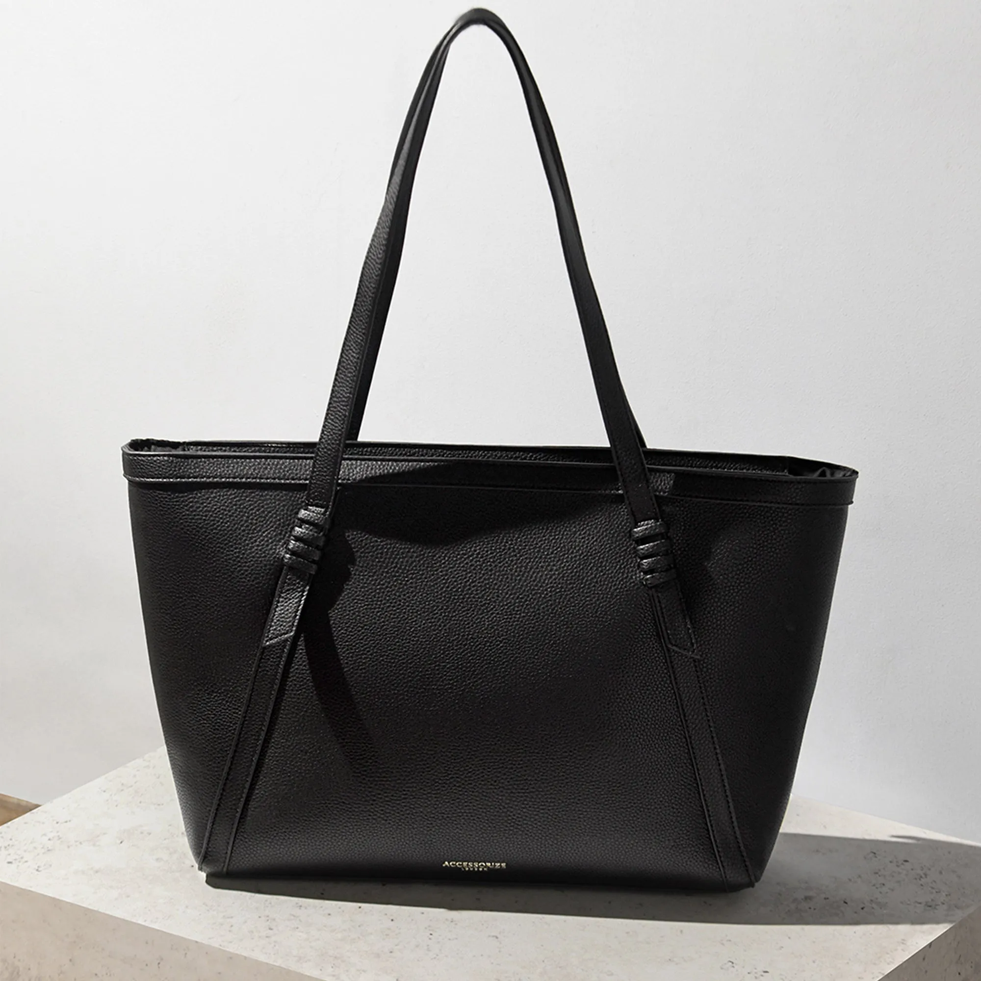 Black Artisan Strap Detail Work Tote Bag