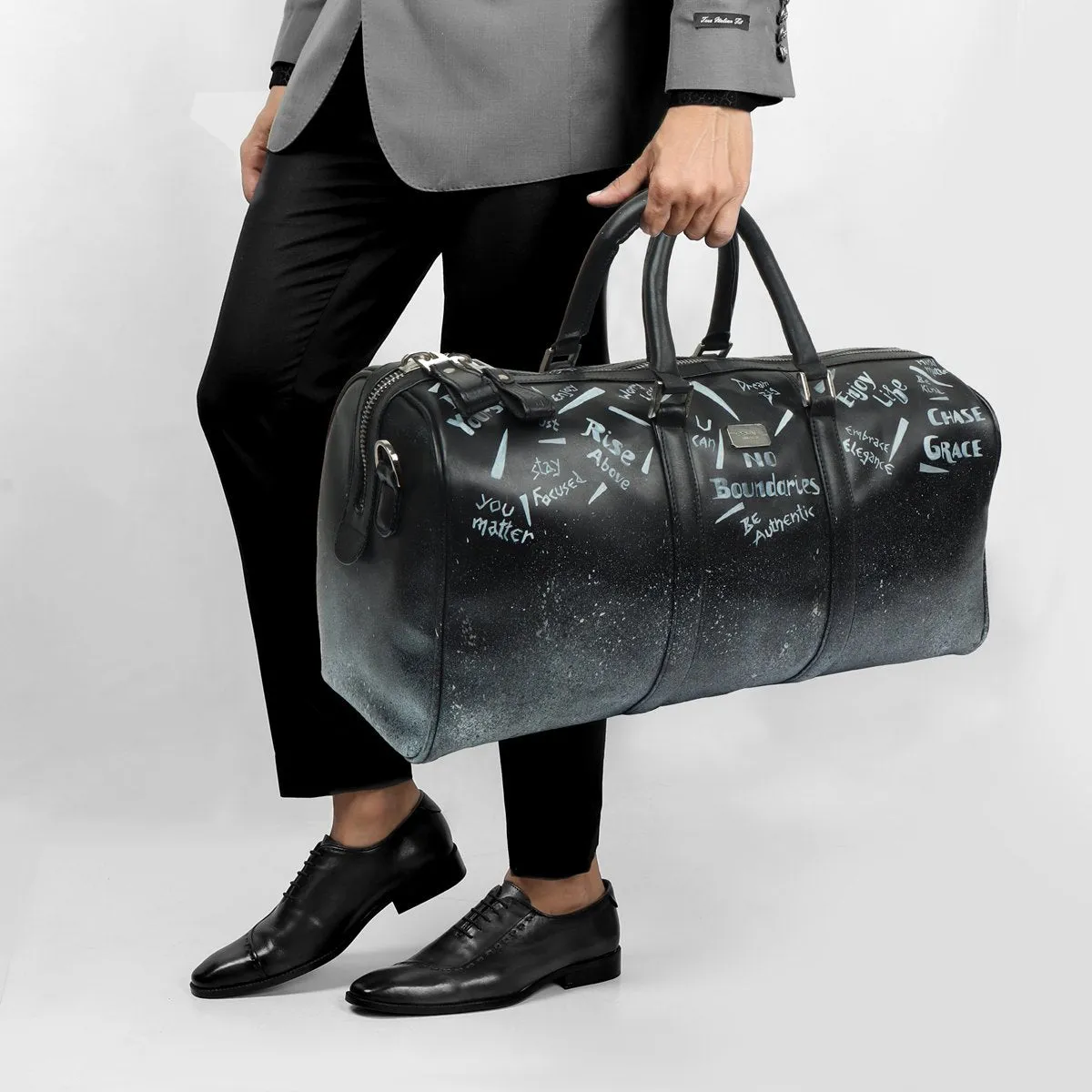 Black Handwritten Leather Duffle Bag By Brune & Bareskin