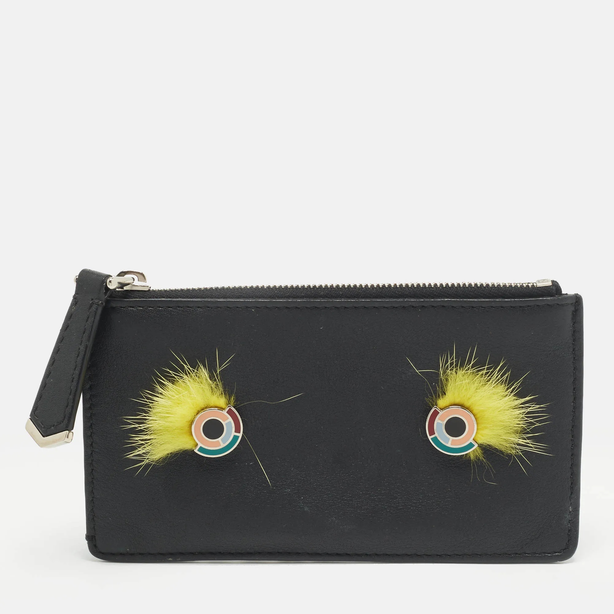 Black Leather and Mink Fur Monster Eyes Zip Card Holder