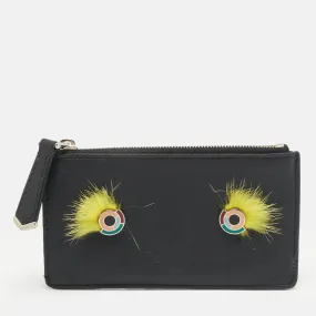 Black Leather and Mink Fur Monster Eyes Zip Card Holder