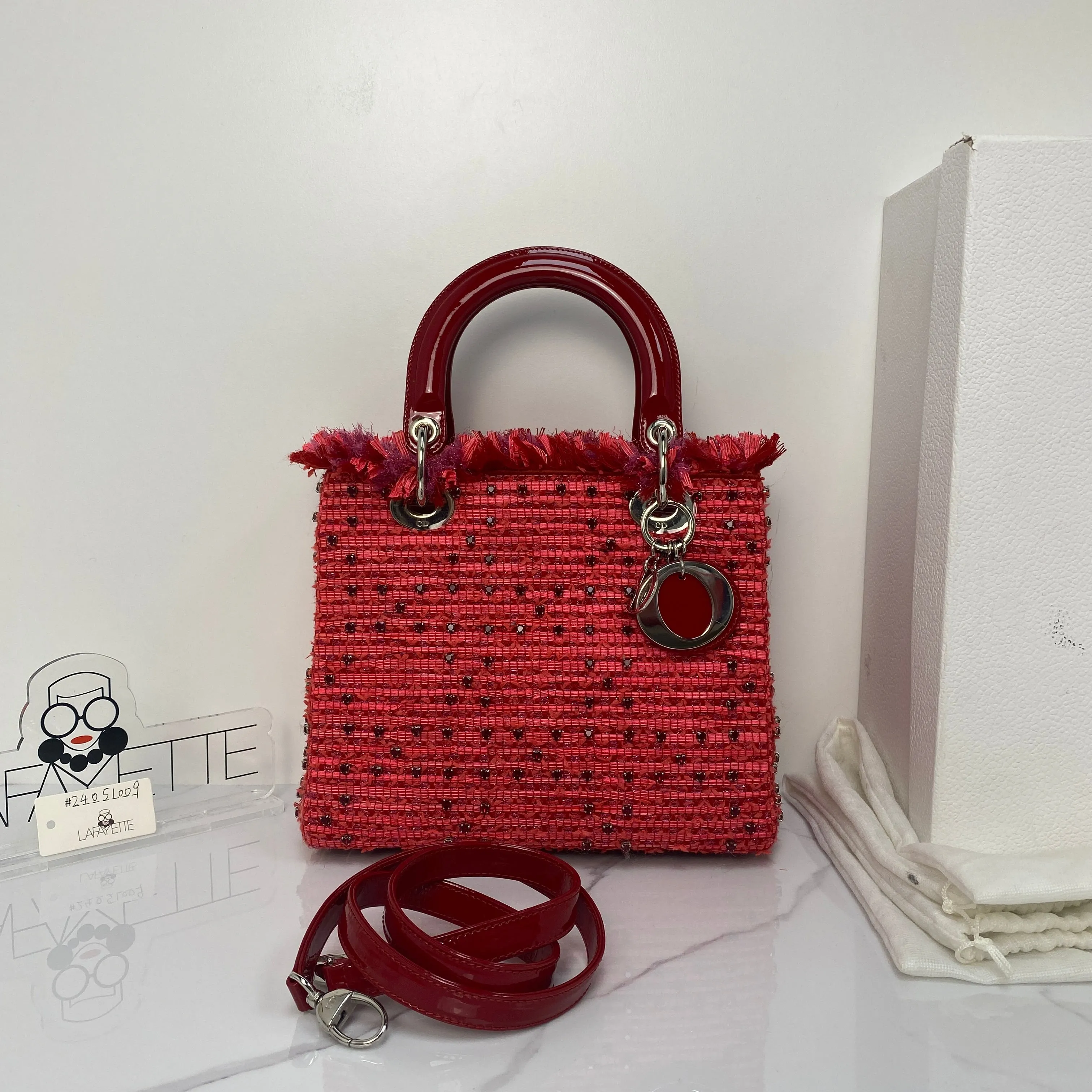 Christian Dior Tweed Fringe Rhinestone Medium Lady Dior