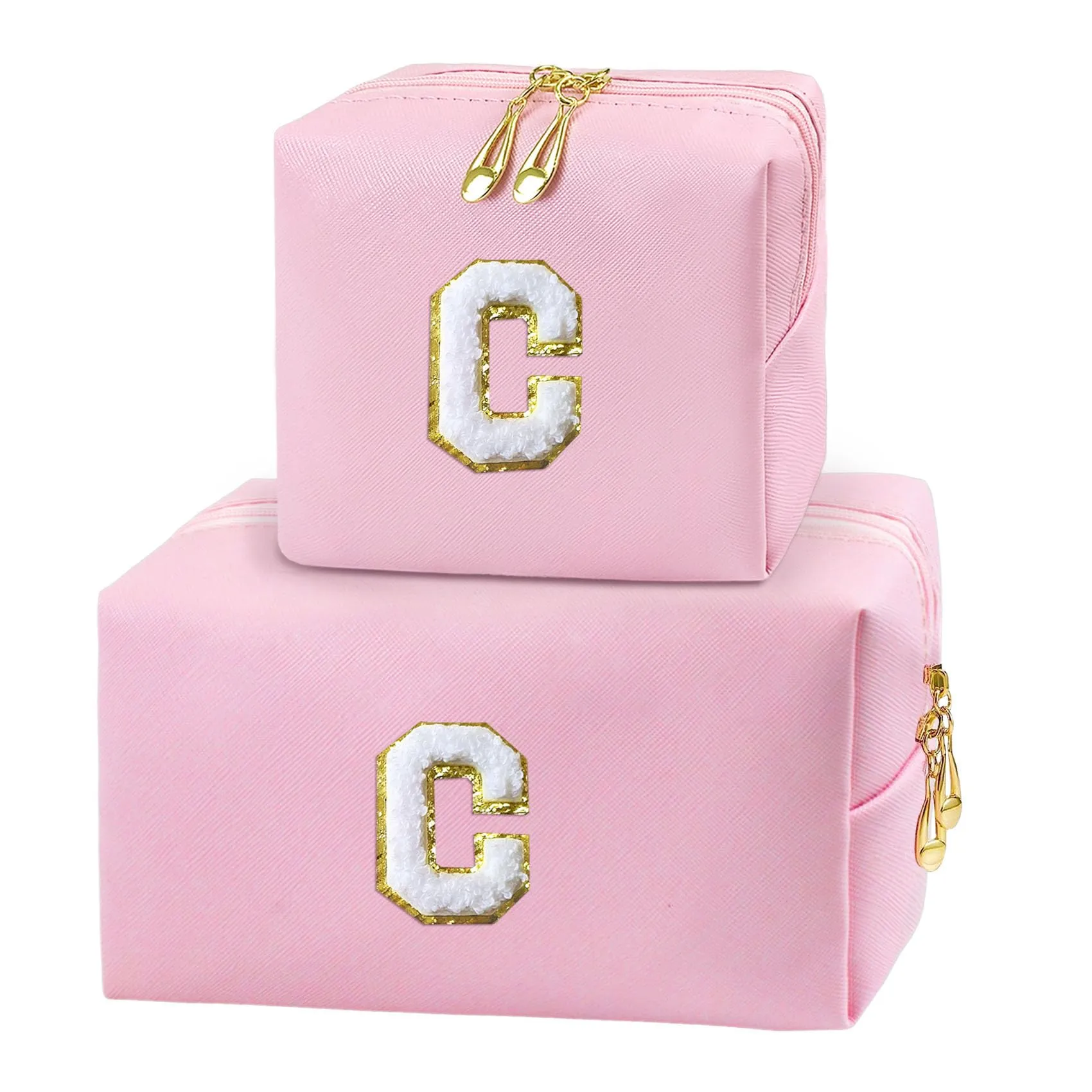 COSHAYSOO 2 Pieces Initial Makeup Bag Small Cosmetic Period Pouch Sanitary Napkin Travel Accessory Storage Chenille Letter Patch Purse for Teen Girl Aunt Niece Make Up Organizer Gift Pink C