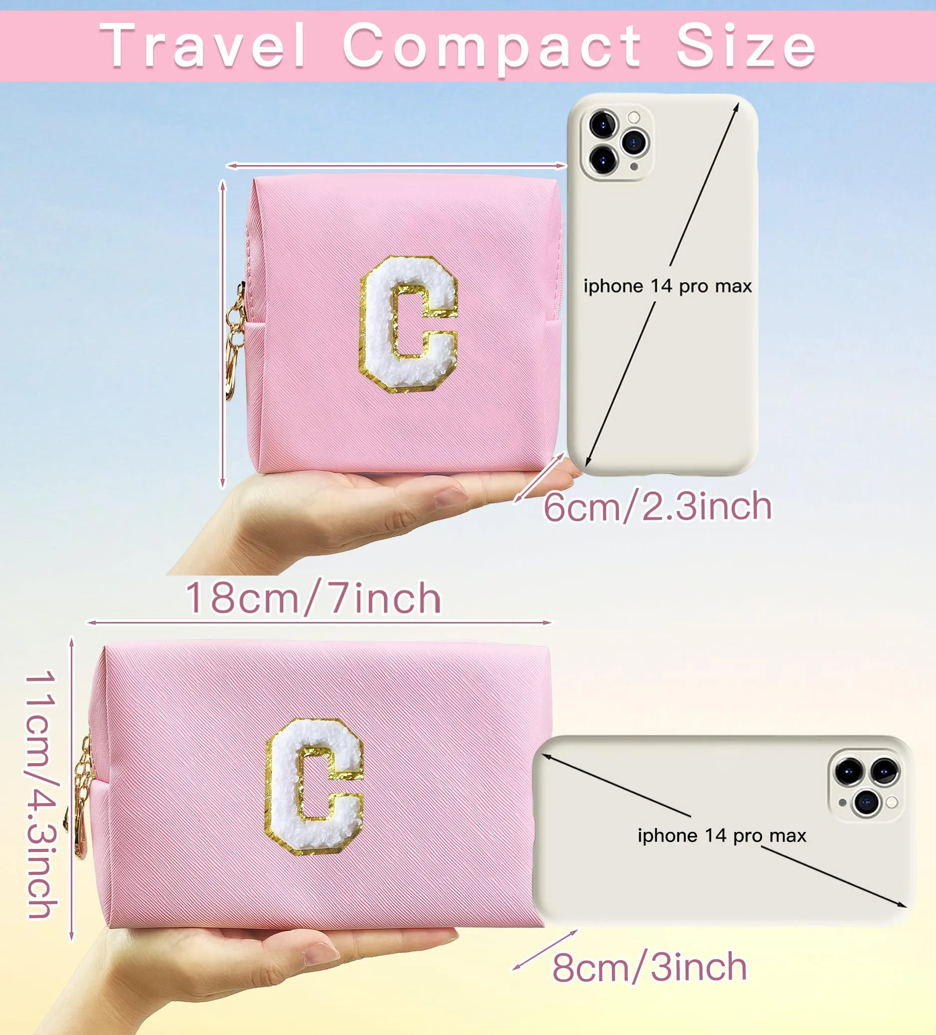 COSHAYSOO 2 Pieces Initial Makeup Bag Small Cosmetic Period Pouch Sanitary Napkin Travel Accessory Storage Chenille Letter Patch Purse for Teen Girl Aunt Niece Make Up Organizer Gift Pink C