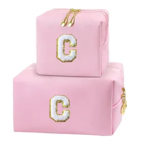 COSHAYSOO 2 Pieces Initial Makeup Bag Small Cosmetic Period Pouch Sanitary Napkin Travel Accessory Storage Chenille Letter Patch Purse for Teen Girl Aunt Niece Make Up Organizer Gift Pink C