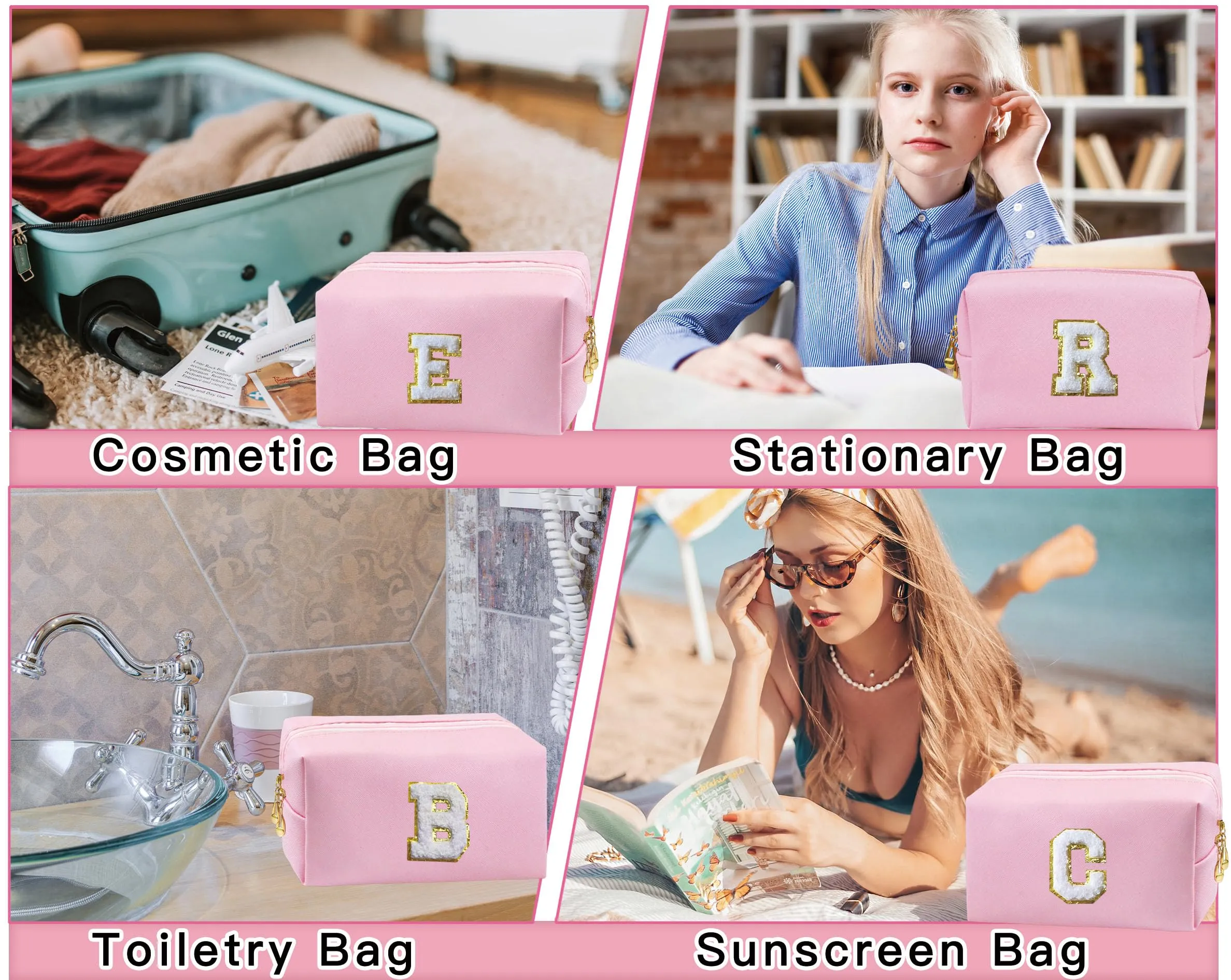 COSHAYSOO 2Pcs Initial Makeup Bag Small Cosmetic Toiletry Period Pouch for Teenager Girl Women Travel Sanitary Napkin Skin Care Product Organizer, Personalized Preppy Cute Birthday Gift Pink E