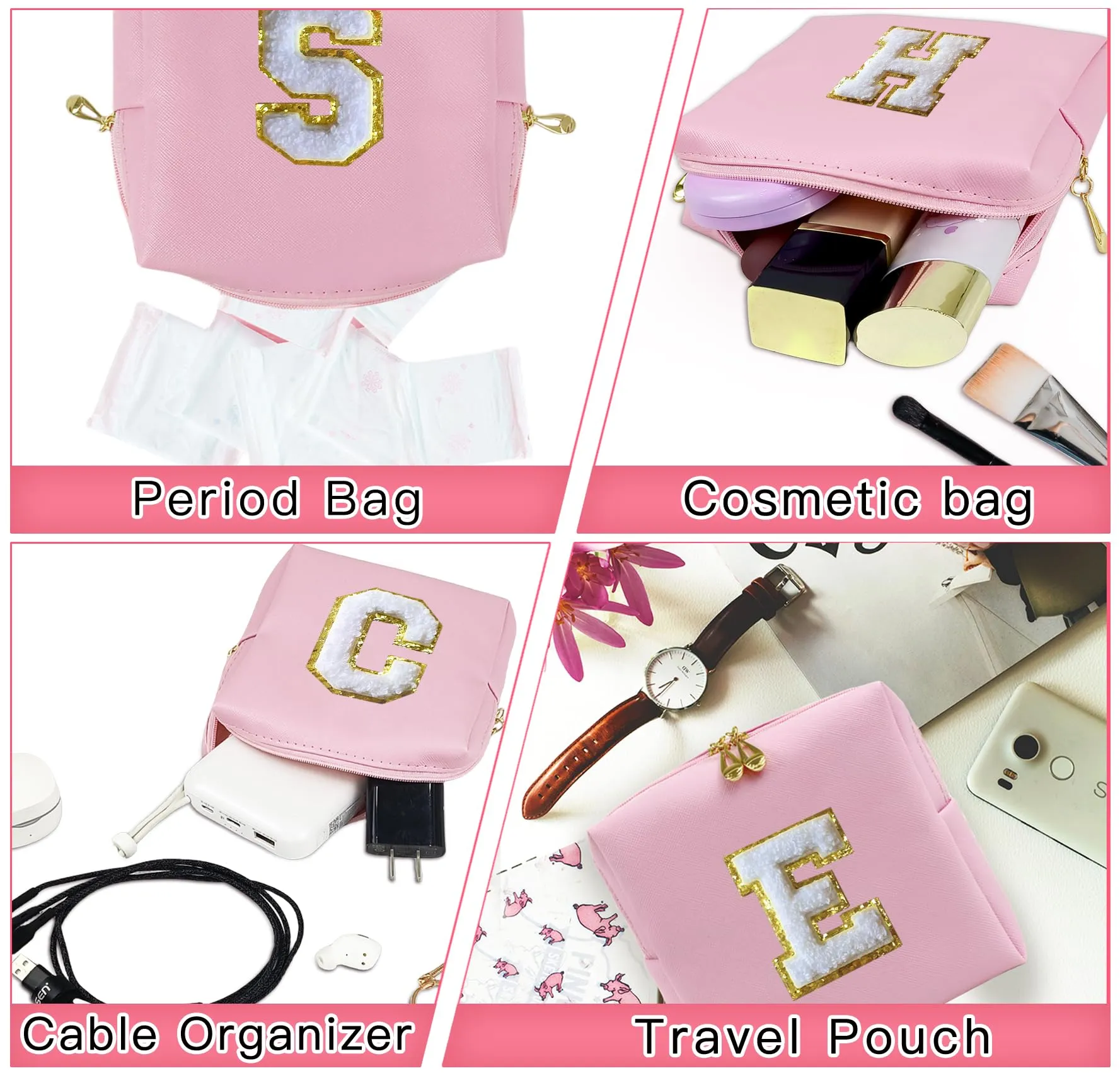 COSHAYSOO 2Pcs Initial Makeup Bag Small Cosmetic Toiletry Period Pouch for Teenager Girl Women Travel Sanitary Napkin Skin Care Product Organizer, Personalized Preppy Cute Birthday Gift Pink E