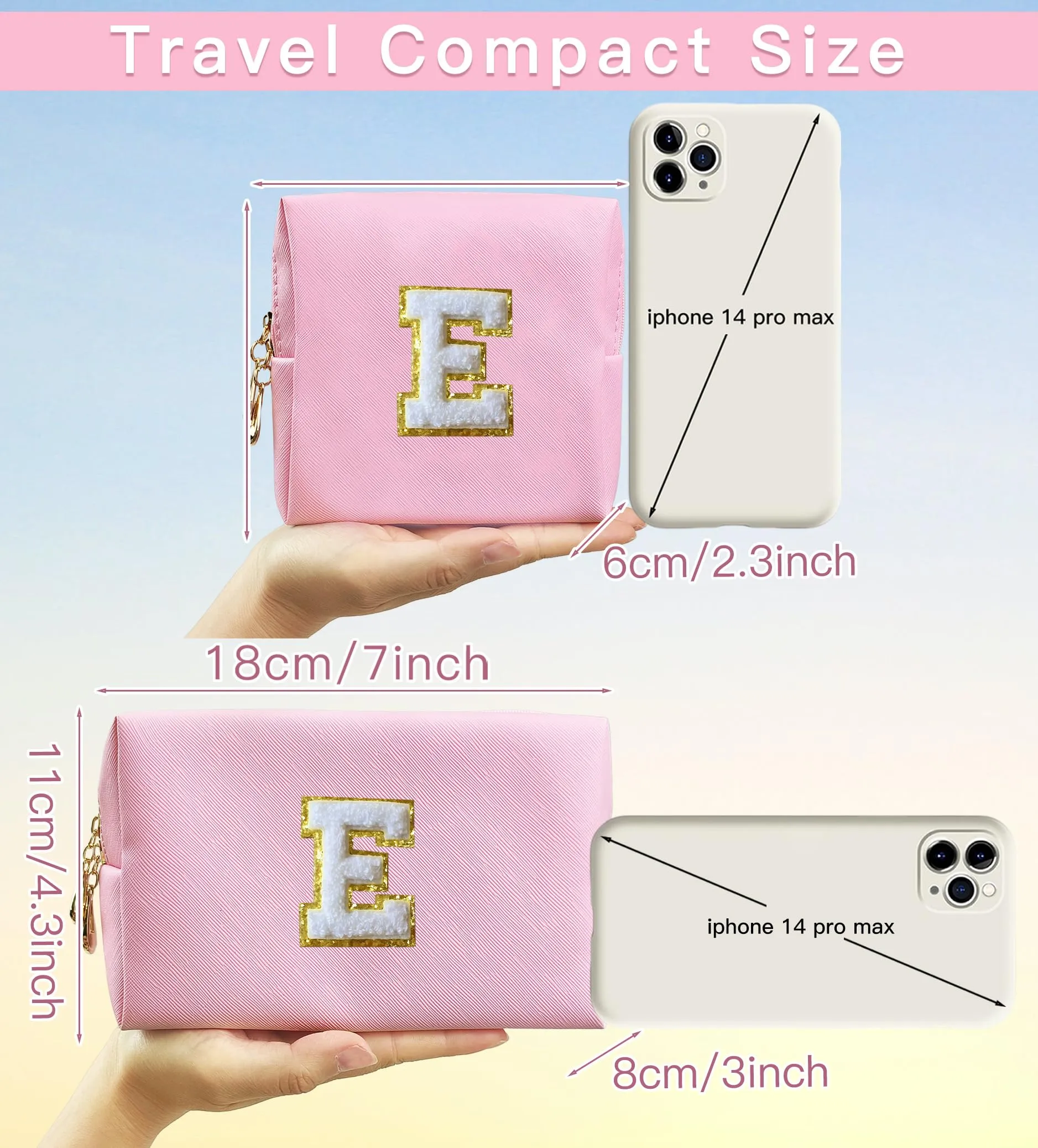 COSHAYSOO 2Pcs Initial Makeup Bag Small Cosmetic Toiletry Period Pouch for Teenager Girl Women Travel Sanitary Napkin Skin Care Product Organizer, Personalized Preppy Cute Birthday Gift Pink E