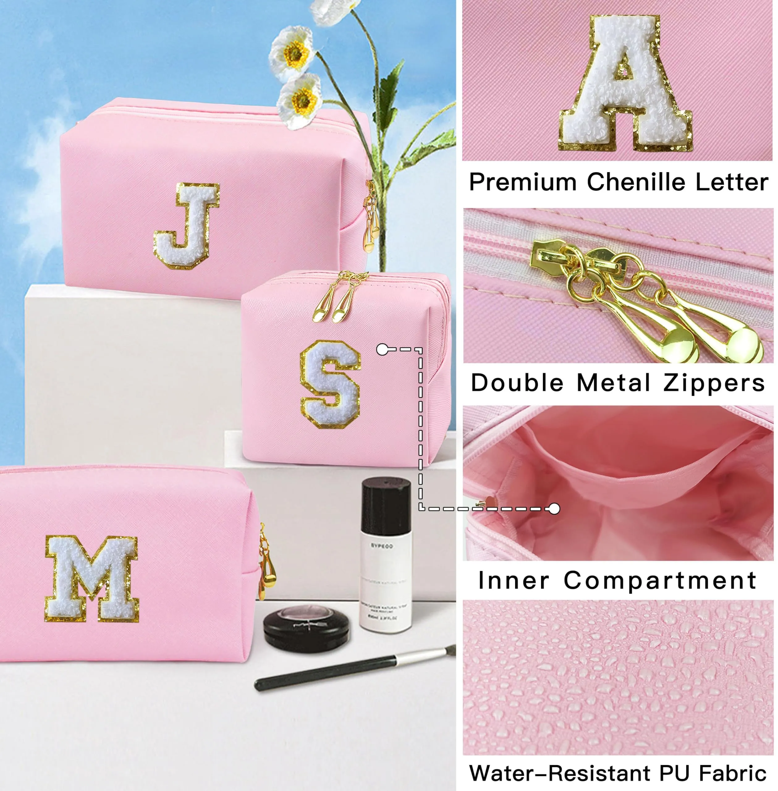 COSHAYSOO 2Pcs Initial Makeup Bag Small Cosmetic Toiletry Period Pouch for Teenager Girl Women Travel Sanitary Napkin Skin Care Product Organizer, Personalized Preppy Cute Birthday Gift Pink E