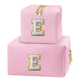 COSHAYSOO 2Pcs Initial Makeup Bag Small Cosmetic Toiletry Period Pouch for Teenager Girl Women Travel Sanitary Napkin Skin Care Product Organizer, Personalized Preppy Cute Birthday Gift Pink E
