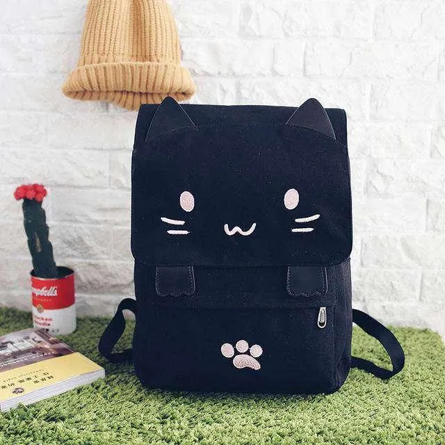 Cute Cat Canvas Backpack Cartoon Embroidery Teenage Girls School Bag