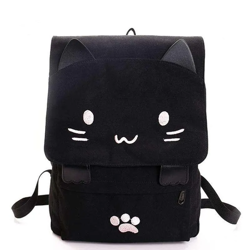 Cute Cat Canvas Backpack Cartoon Embroidery Teenage Girls School Bag