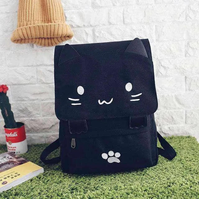 Cute Cat Canvas Backpack Cartoon Embroidery Teenage Girls School Bag