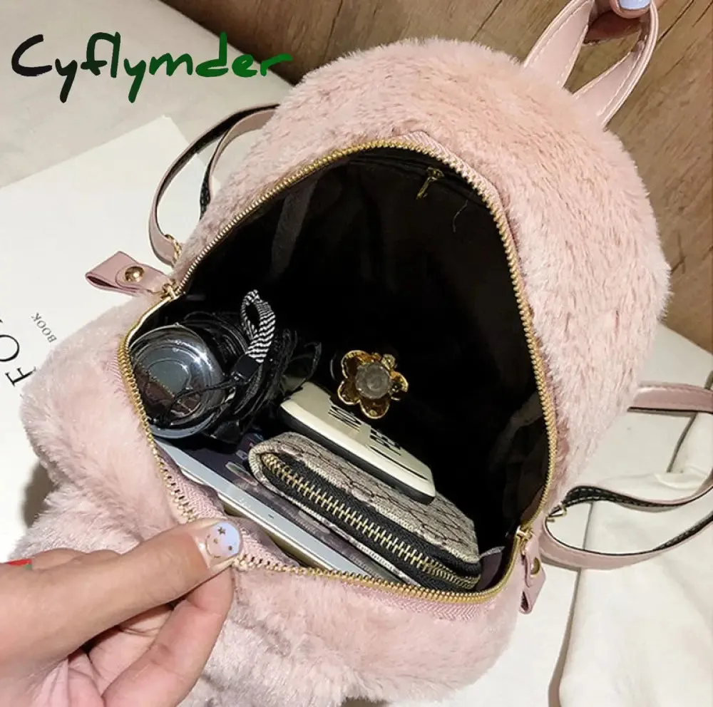 Cyflymder Furry Rabbit Ear Backpack cute Girls Shoulder Bag Mini Furry Fluffy Plush schoolbag Winter Women's Travel Bag
