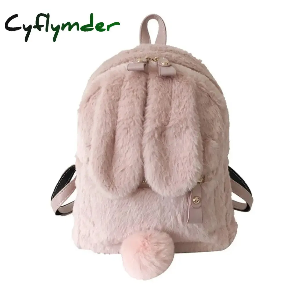 Cyflymder Furry Rabbit Ear Backpack cute Girls Shoulder Bag Mini Furry Fluffy Plush schoolbag Winter Women's Travel Bag