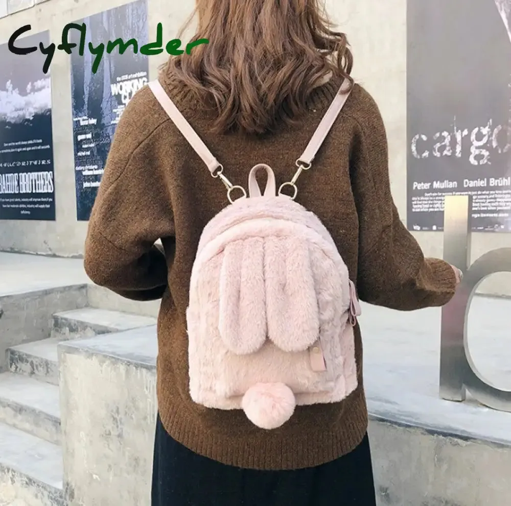 Cyflymder Furry Rabbit Ear Backpack cute Girls Shoulder Bag Mini Furry Fluffy Plush schoolbag Winter Women's Travel Bag