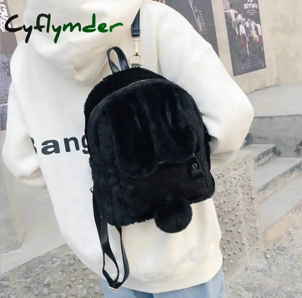 Cyflymder Furry Rabbit Ear Backpack cute Girls Shoulder Bag Mini Furry Fluffy Plush schoolbag Winter Women's Travel Bag