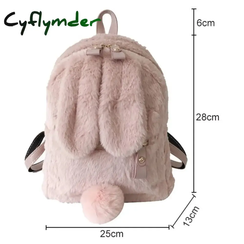 Cyflymder Furry Rabbit Ear Backpack cute Girls Shoulder Bag Mini Furry Fluffy Plush schoolbag Winter Women's Travel Bag