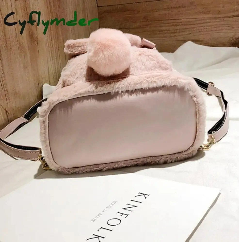 Cyflymder Furry Rabbit Ear Backpack cute Girls Shoulder Bag Mini Furry Fluffy Plush schoolbag Winter Women's Travel Bag