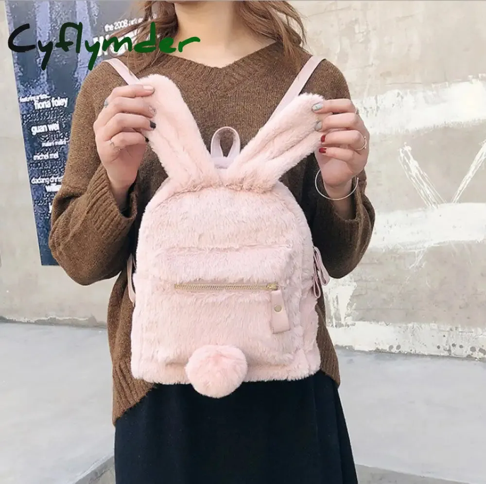 Cyflymder Furry Rabbit Ear Backpack cute Girls Shoulder Bag Mini Furry Fluffy Plush schoolbag Winter Women's Travel Bag