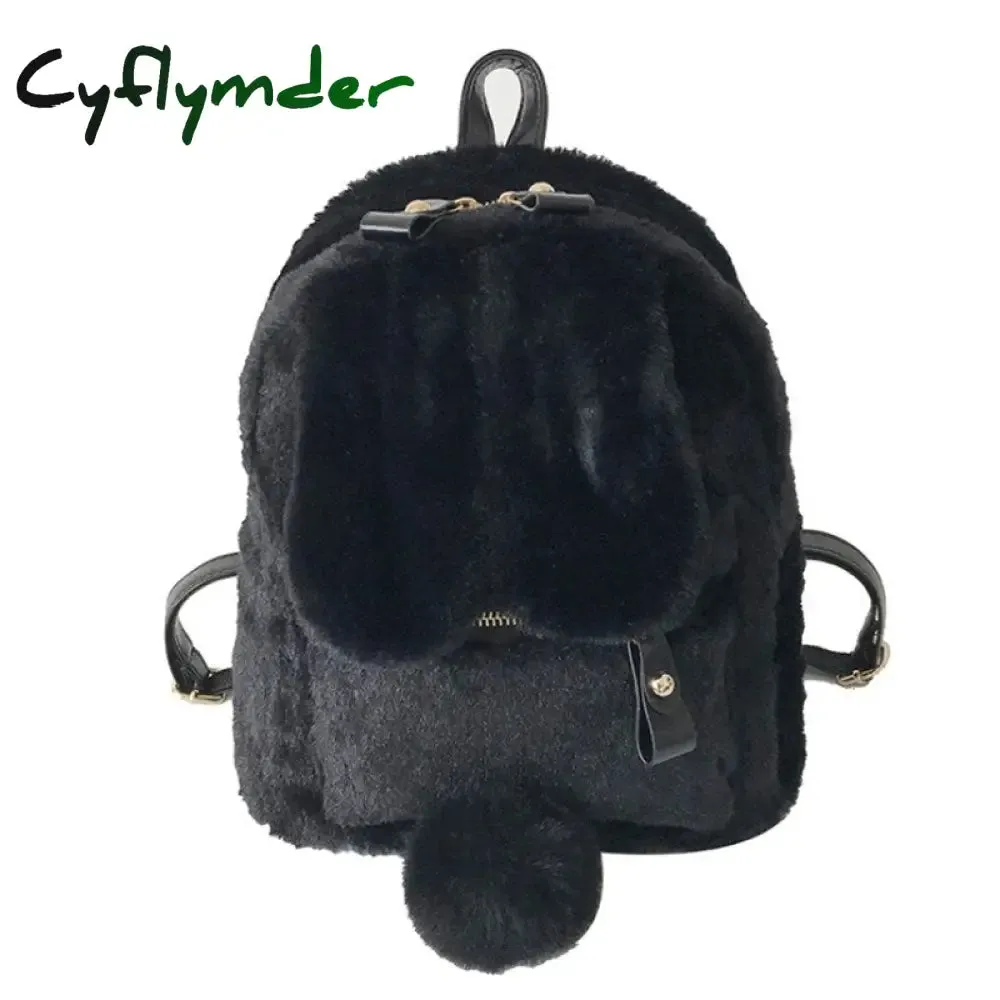 Cyflymder Furry Rabbit Ear Backpack cute Girls Shoulder Bag Mini Furry Fluffy Plush schoolbag Winter Women's Travel Bag