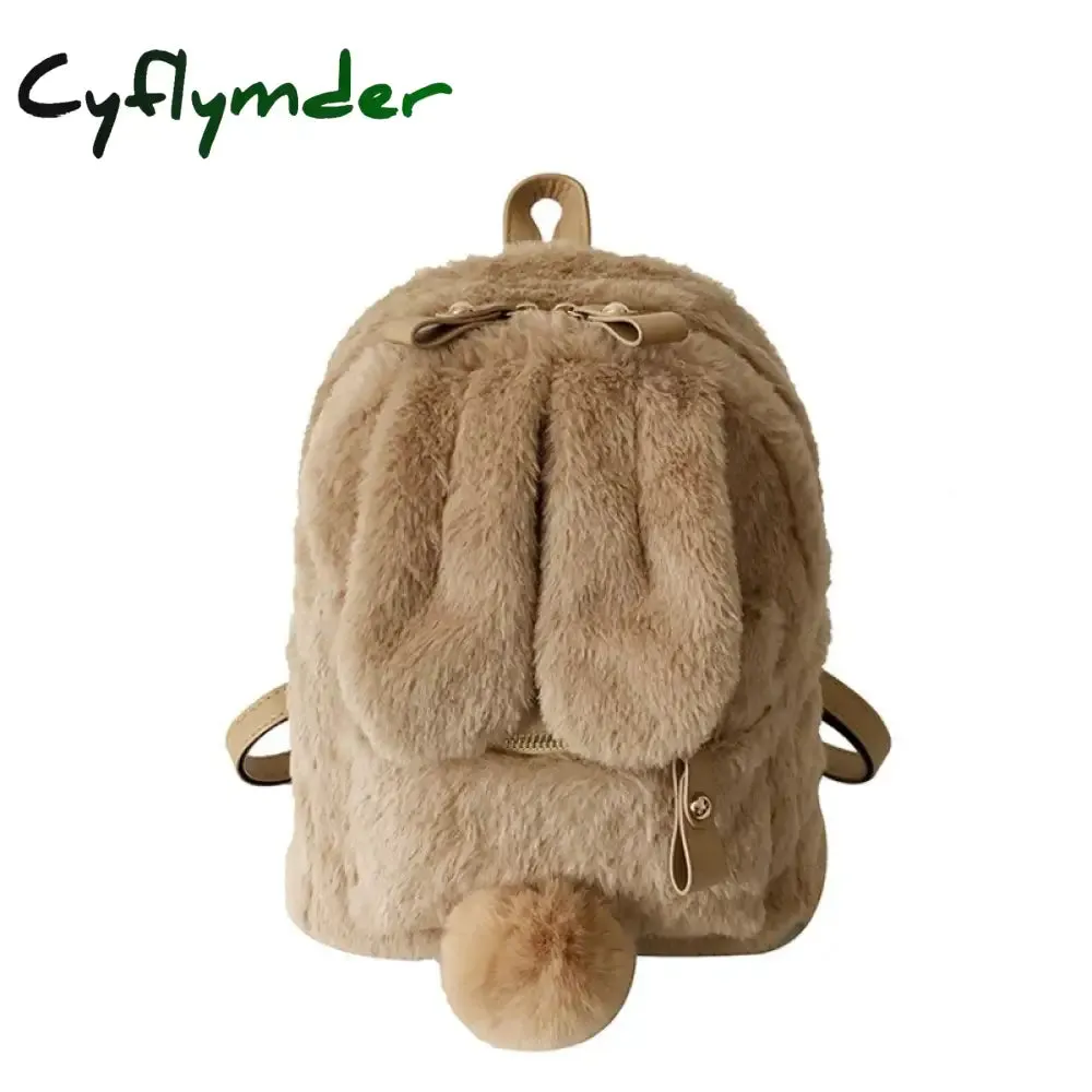 Cyflymder Furry Rabbit Ear Backpack cute Girls Shoulder Bag Mini Furry Fluffy Plush schoolbag Winter Women's Travel Bag