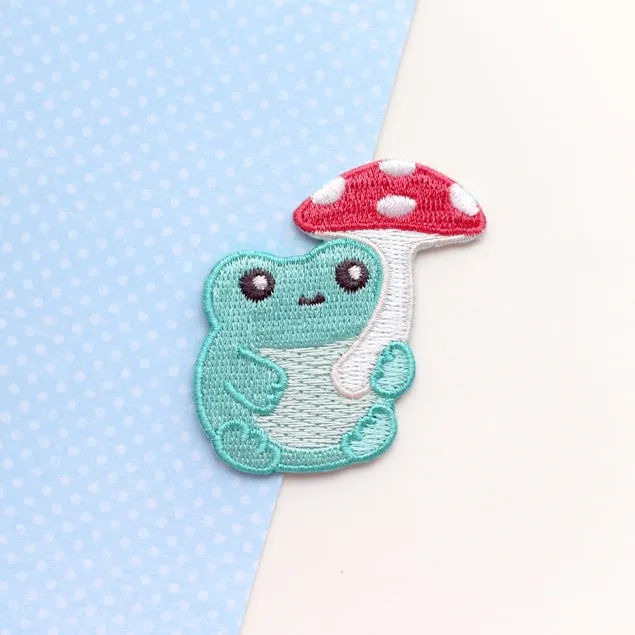 Frog with Mushroom Umbrella Embroidered Patch