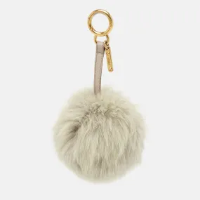 Grey Fur and Leather Pom Pom Bag Charm