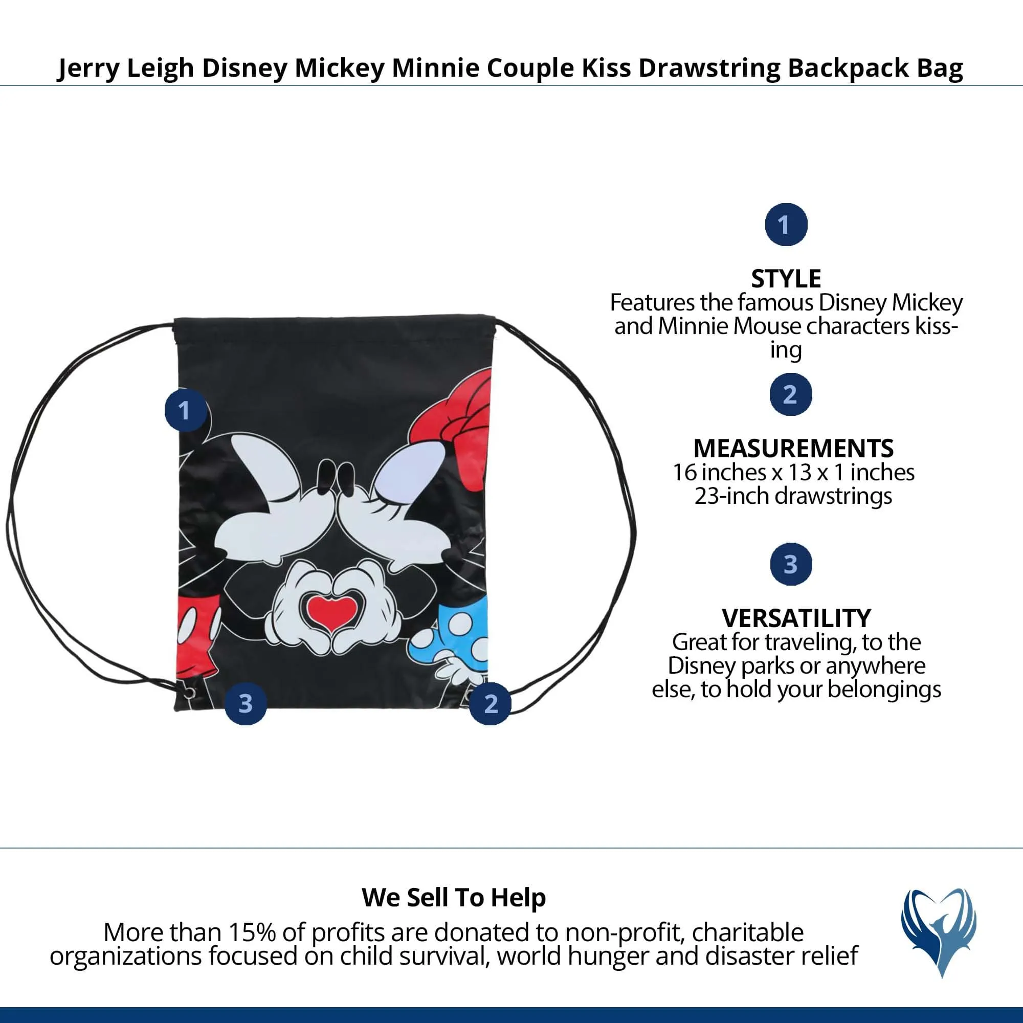 Jerry Leigh Disney Mickey Minnie Couple Kiss Drawstring Backpack Bag