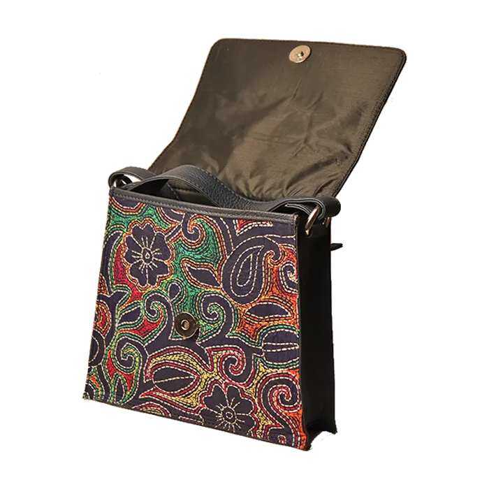 Mini Sling Bag - Genuine Leather- Kantha Handcrafted Cute Sling