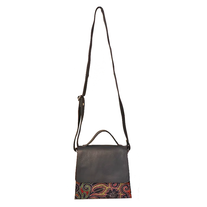 Mini Sling Bag - Genuine Leather- Kantha Handcrafted Cute Sling