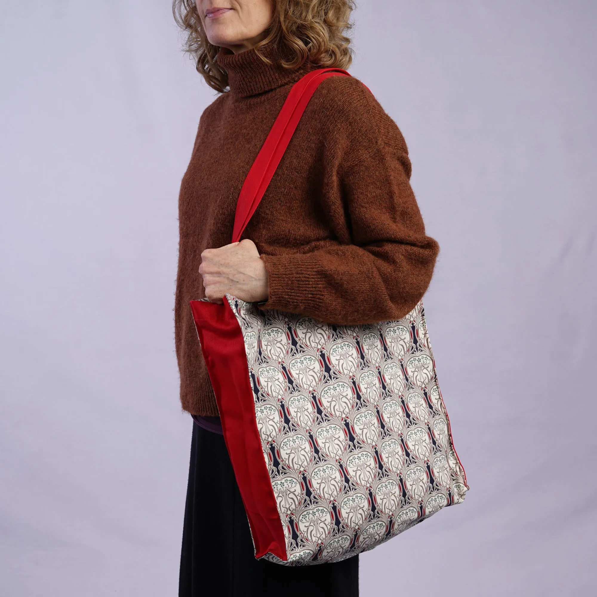 Tote Bag Canvas Lined Red Blue & White Art Nouveau Print Shoulder Bag