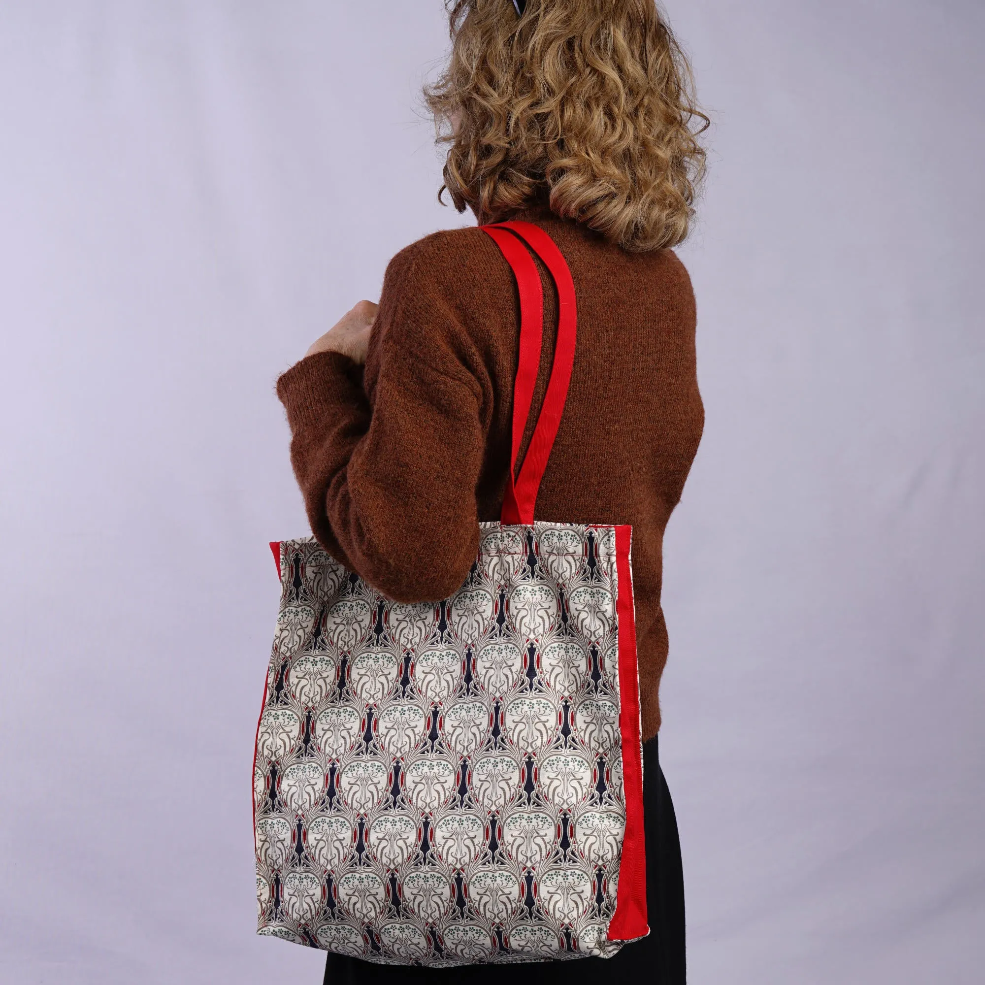 Tote Bag Canvas Lined Red Blue & White Art Nouveau Print Shoulder Bag