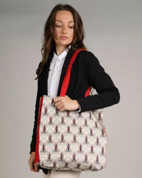 Tote Bag Canvas Lined Red Blue & White Art Nouveau Print Shoulder Bag