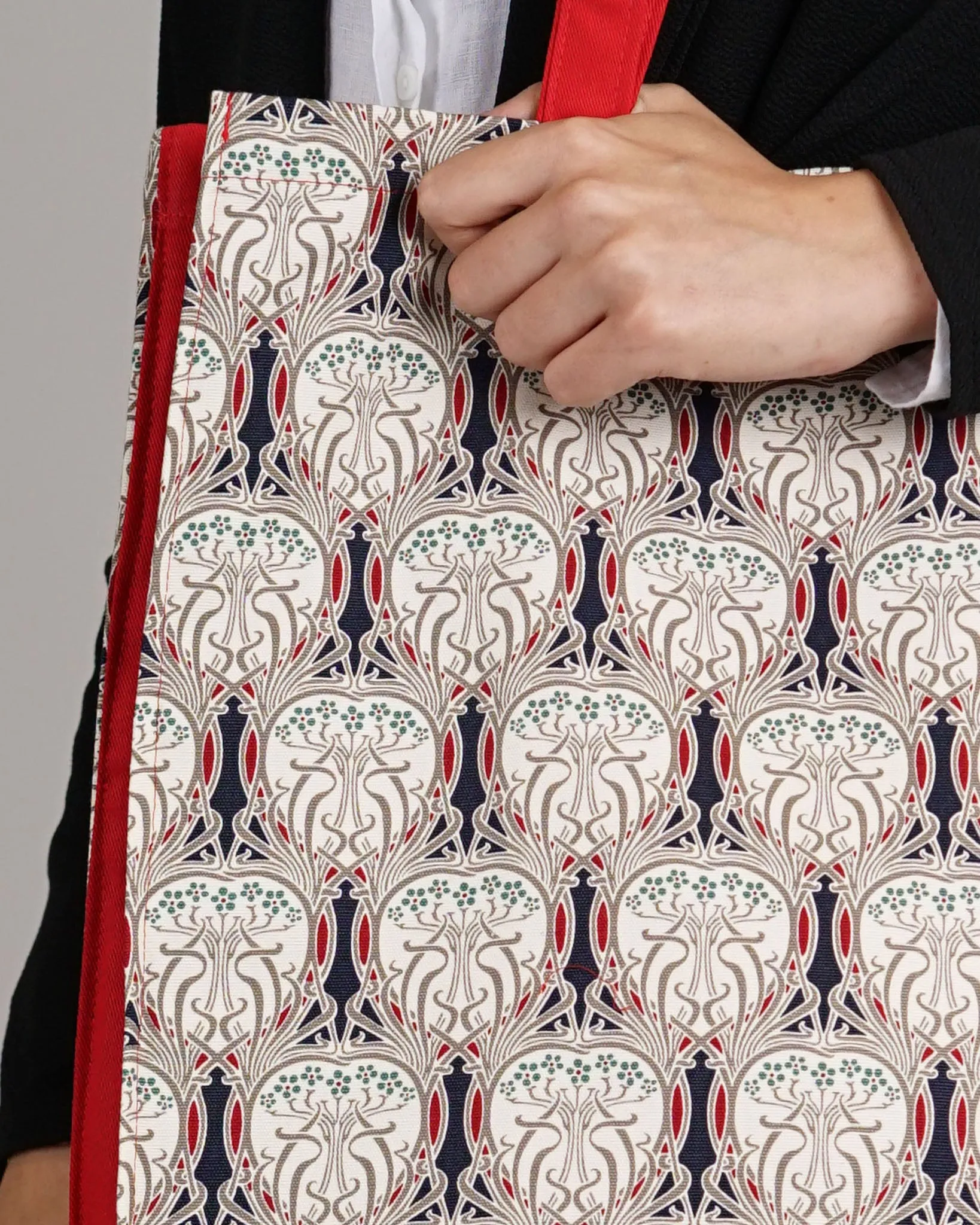 Tote Bag Canvas Lined Red Blue & White Art Nouveau Print Shoulder Bag