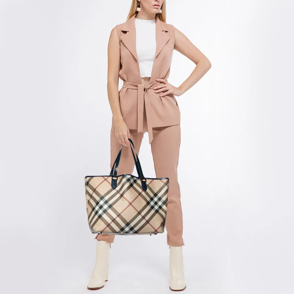 Trendy Inspired Burberry Beige/blue Nova Check Pvc And Patent Leather Shopper Tote