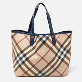 Trendy Inspired Burberry Beige/blue Nova Check Pvc And Patent Leather Shopper Tote