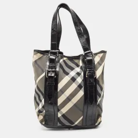 Trendy Inspired Burberry Black Beat Check Nylon And Patent Leather Victoria Tote