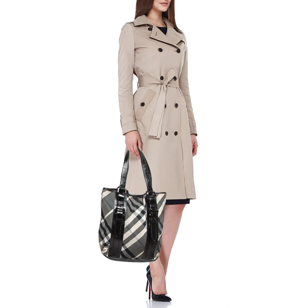 Trendy Inspired Burberry Black Beat Check Nylon And Patent Leather Victoria Tote
