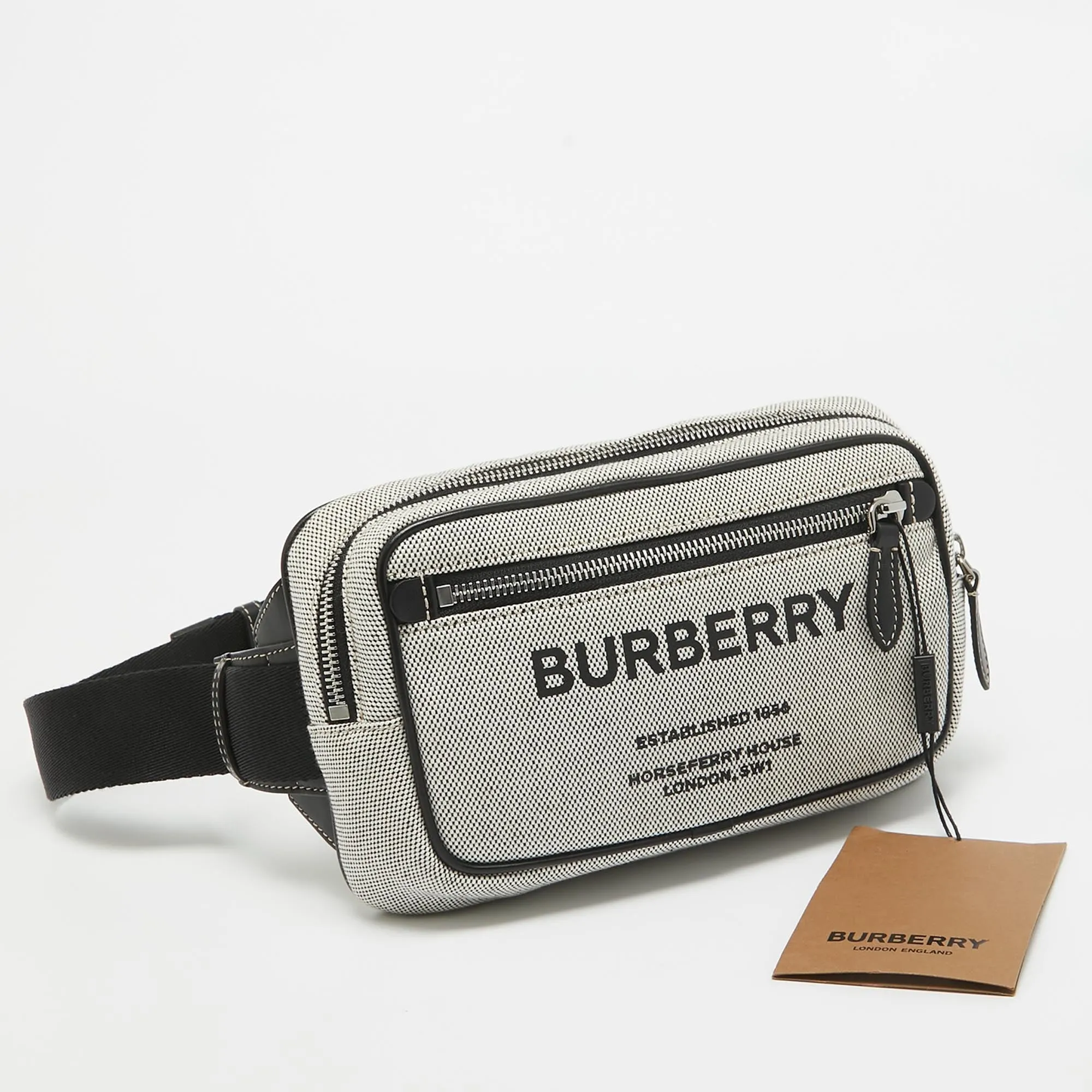 Trendy Inspired Burberry Grey/black Canvas And Leather West Belt Bag