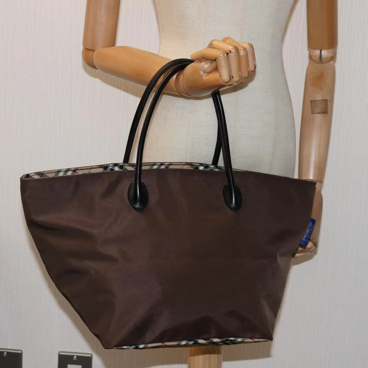 Trendy Inspired Burberryss Nova Check Blue Label Tote Bag Nylon Beige Brown Auth Bs14770