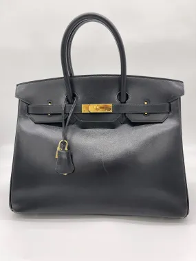Trendy Inspired Hermes Birkin 35 Noir Box Leather Gold Hardware
