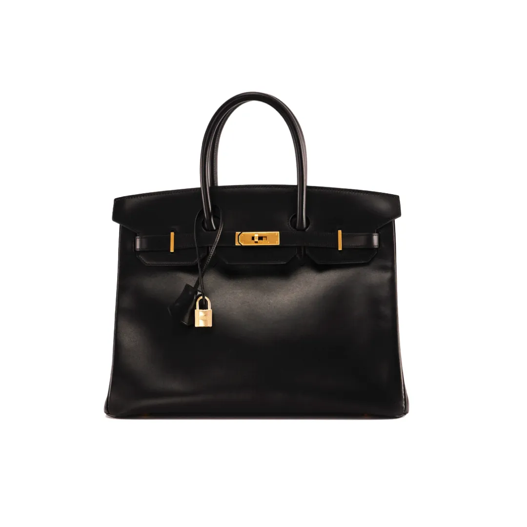 Trendy Inspired Hermes Birkin 35 Noir Box Leather Gold Hardware