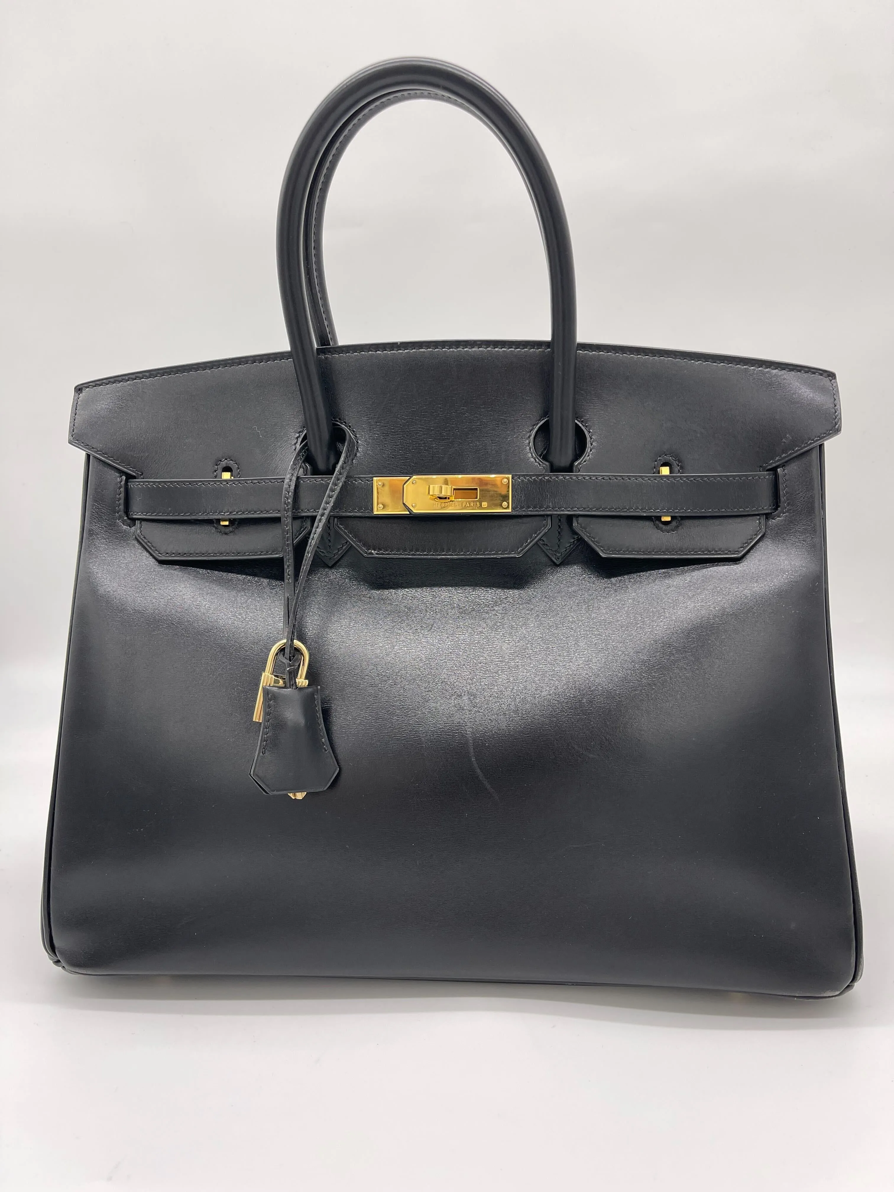 Trendy Inspired Hermes Birkin 35 Noir Box Leather Gold Hardware