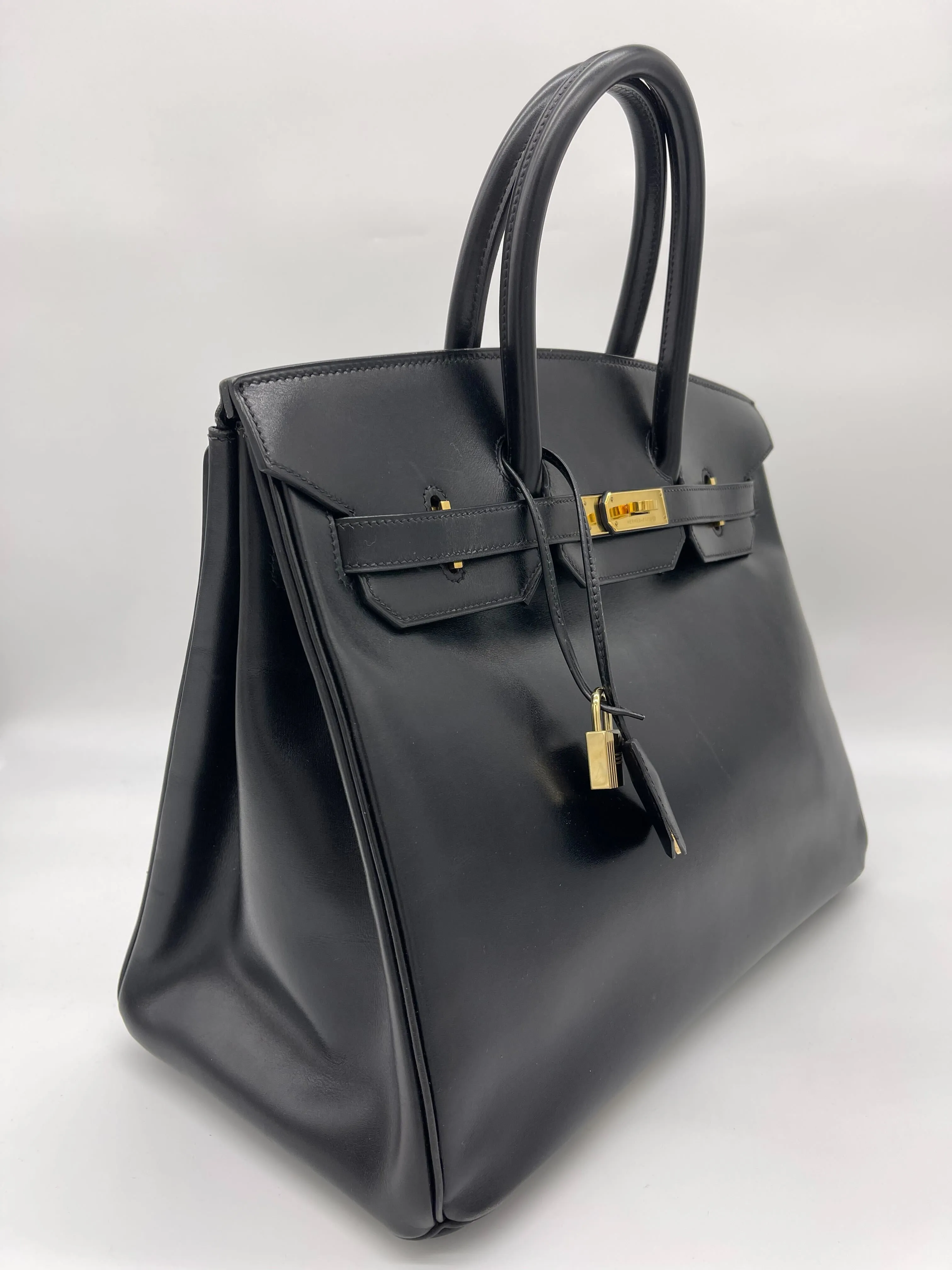 Trendy Inspired Hermes Birkin 35 Noir Box Leather Gold Hardware