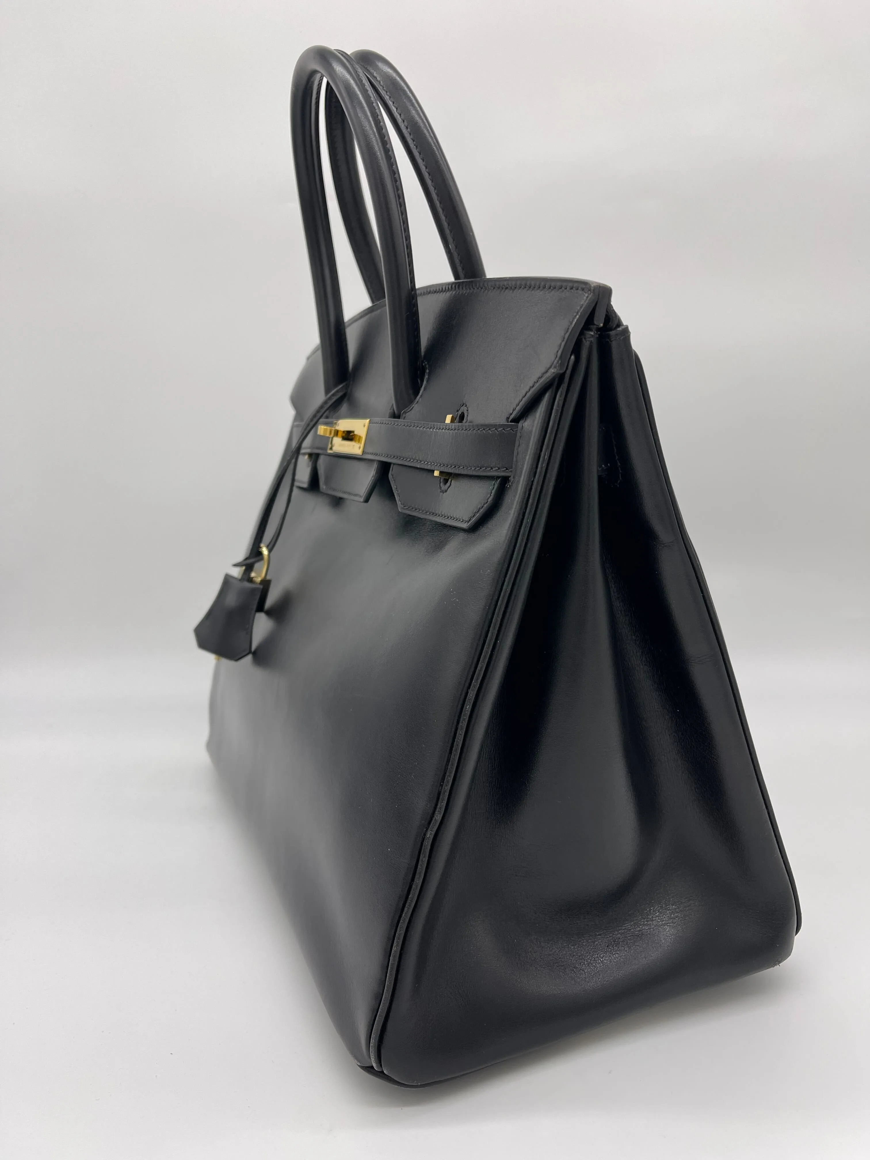Trendy Inspired Hermes Birkin 35 Noir Box Leather Gold Hardware